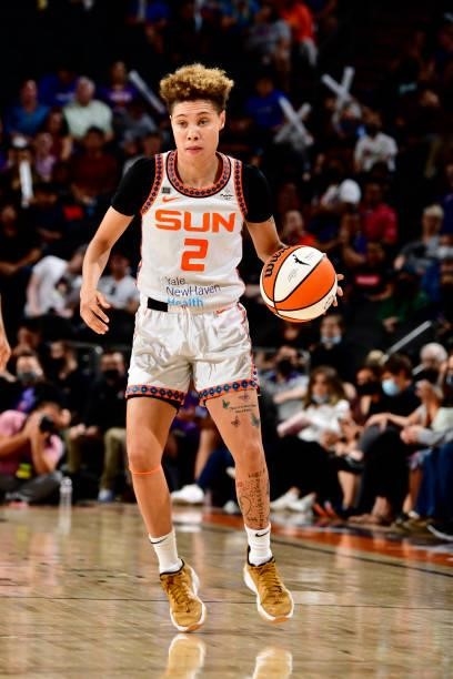 Natisha Hiedeman of the Connecticut Sun handles the ball during the game against the Phoenix Mercury on September 11, 2021 at Footprint Center in...