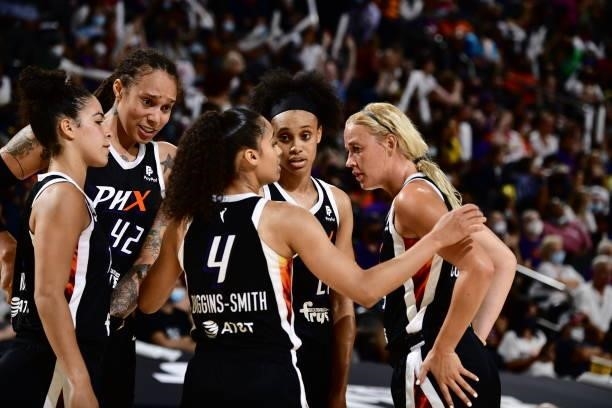 Phoenix Mercury players huddle up before the game against the Connecticut Sun on September 11, 2021 at Footprint Center in Phoenix, Arizona. NOTE TO...