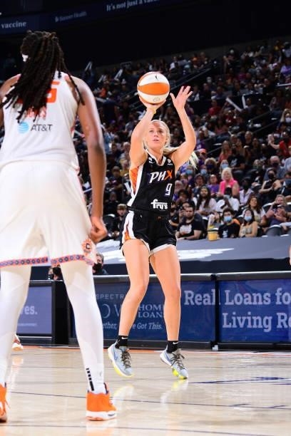 Sophie Cunningham of the Phoenix Mercury shoots the ball against the Connecticut Sun on September 11, 2021 at Footprint Center in Phoenix, Arizona....