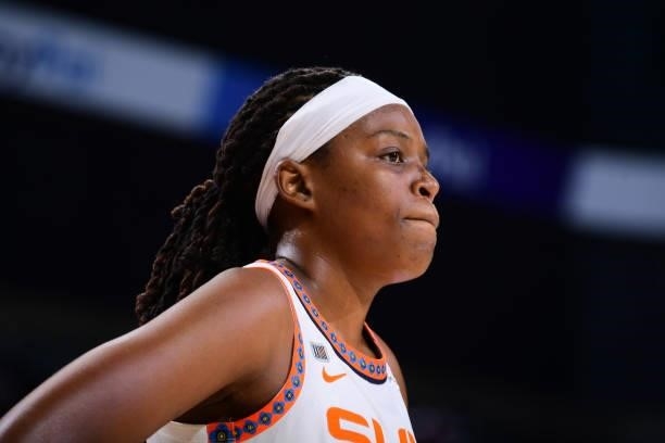 Jonquel Jones of the Connecticut Sun looks on during the game against the Phoenix Mercury on September 11, 2021 at Footprint Center in Phoenix,...