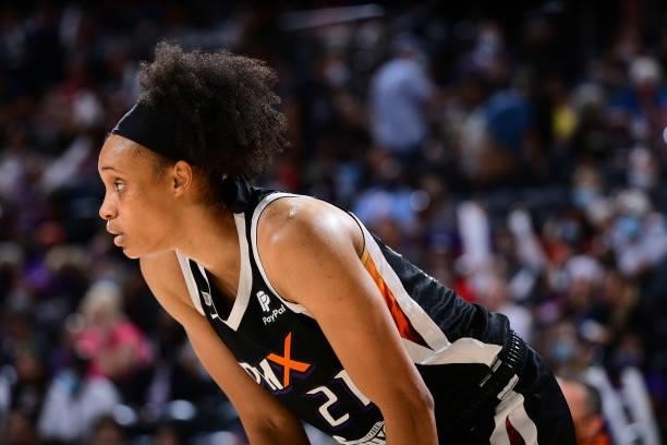 Brianna Turner of the Phoenix Mercury looks on during the game against the Connecticut Sun on September 11, 2021 at Footprint Center in Phoenix,...