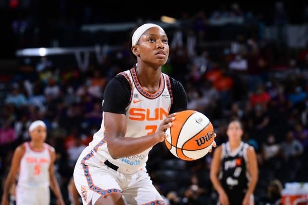 Kaila Charles of the Connecticut Sun shoots the ball against the Phoenix Mercury on September 11, 2021 at Footprint Center in Phoenix, Arizona. NOTE...