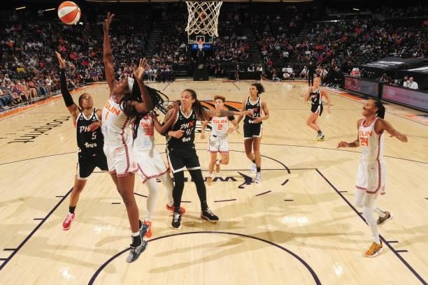 Shey Peddy of the Phoenix Mercury shoots the ball during the game against the Connecticut Sun on September 11, 2021 at Footprint Center in Phoenix,...