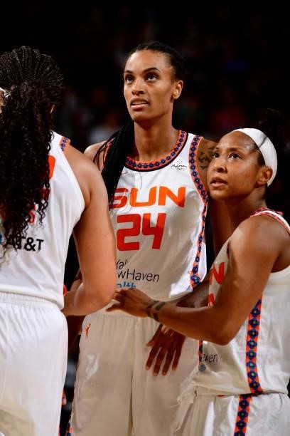 DeWanna Bonner and Briann January of the Connecticut Sun look on during the game against the Phoenix Mercury on September 11, 2021 at Footprint...