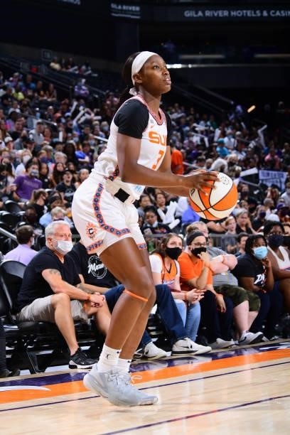 Kaila Charles of the Connecticut Sun shoots a 3-pointer against the Phoenix Mercury on September 11, 2021 at Footprint Center in Phoenix, Arizona....