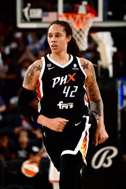 Brittney Griner of the Phoenix Mercury looks on during the game against the Connecticut Sun on September 11, 2021 at Footprint Center in Phoenix,...