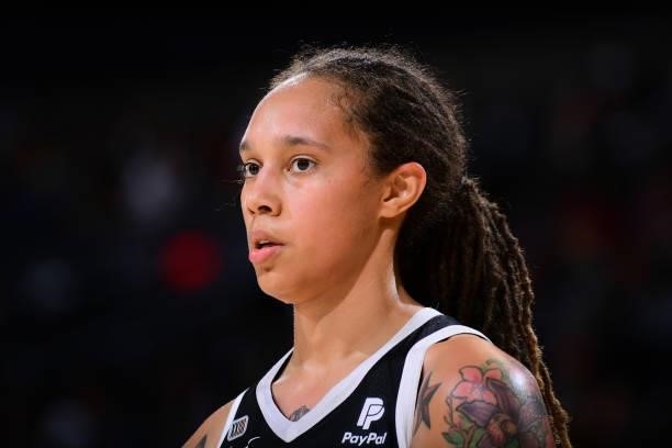 Brittney Griner of the Phoenix Mercury looks on during the game against the Connecticut Sun on September 11, 2021 at Footprint Center in Phoenix,...