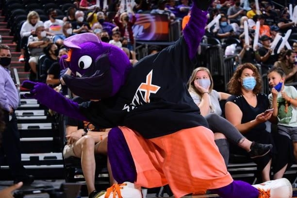 The Phoenix Mercury mascot dances during the game against the Connecticut Sun on September 11, 2021 at Footprint Center in Phoenix, Arizona. NOTE TO...