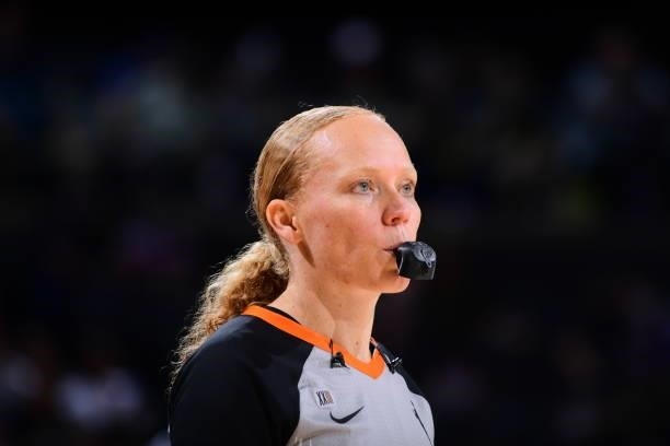 Referee, Ashley Gloss looks on during the game between the Connecticut Sun and the Phoenix Mercury on September 11, 2021 at Footprint Center in...