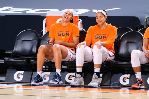 Stephanie Jones and Brionna Jones of the Connecticut Sun smile before the game against the Phoenix Mercury on September 11, 2021 at Footprint Center...