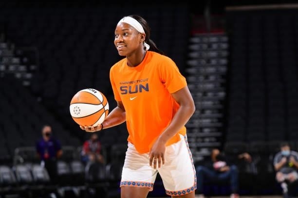 Kaila Charles of the Connecticut Sun warms up before the game against the Phoenix Mercury on September 11, 2021 at Footprint Center in Phoenix,...