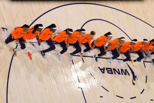 The Connecticut Sun kneel before the game against the Phoenix Mercury on September 11, 2021 at Footprint Center in Phoenix, Arizona. NOTE TO USER:...