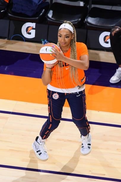 DiJonai Carrington of the Connecticut Sun warms up before the game against the Phoenix Mercury on September 11, 2021 at Footprint Center in Phoenix,...