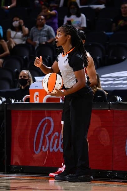 Referee, Karleena Tobin looks on during the game against the Phoenix Mercury and the Connecticut Sun on September 11, 2021 at Footprint Center in...