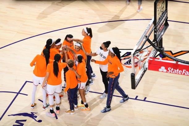 The Connecticut Sun huddle up before the game against the Phoenix Mercury on September 11, 2021 at Footprint Center in Phoenix, Arizona. NOTE TO...