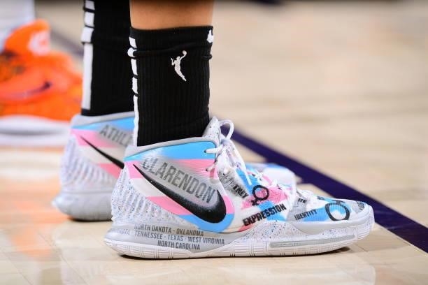The sneakers worn by Brianna Turner of the Phoenix Mercury during the game against the Connecticut Sun on September 11, 2021 at Footprint Center in...