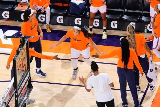 Brionna Jones of the Connecticut Sun is introduced before the game against the Phoenix Mercury on September 11, 2021 at Footprint Center in Phoenix,...