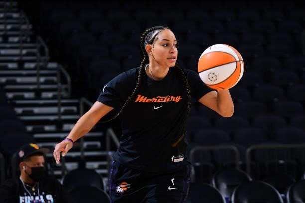 Bria Hartley of the Phoenix Mercury warms up before the game against the Connecticut Sun on September 11, 2021 at Footprint Center in Phoenix,...