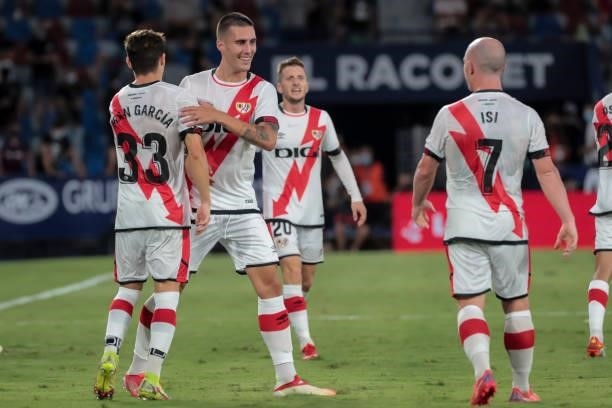 Sergi Guardiola of Rayo Vallecano celebrate after scoring the 1-1 goal with his teammate during La liga match between Levante UD and Rayo Vallecano...