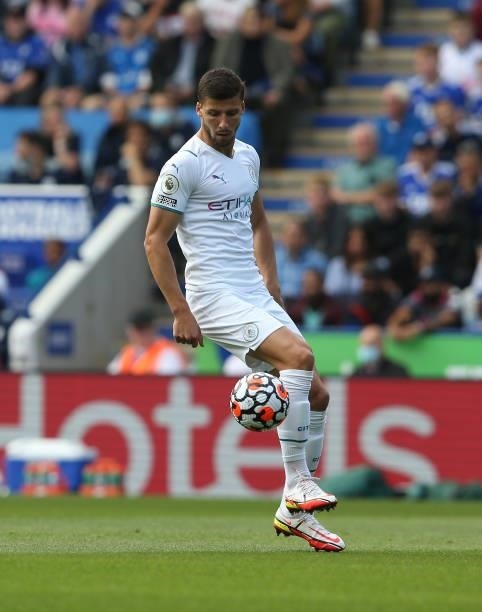 Manchester City's Ruben Dias during the Premier League match between Leicester City and Manchester City at The King Power Stadium on September 11,...
