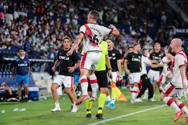 Sergi Guardiola of Rayo Vallecano celebrate after scoring the 1-1 goal during La liga match between Levante UD and Rayo Vallecano at Ciutat de...