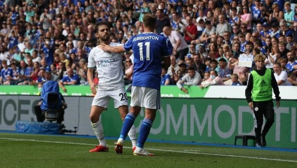 Manchester City's Bernardo Silva and Leicester City's James Maddison acknowledge each other after a hard challenge by both players during the Premier...