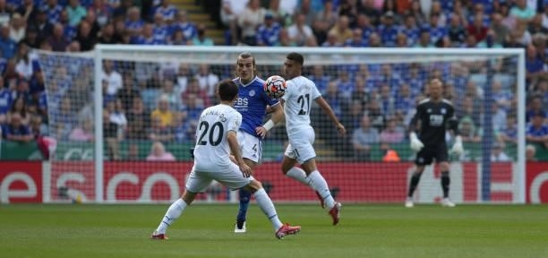 Leicester City's Caglar Soyuncu defends against Manchester City's Bernardo Silva during the Premier League match between Leicester City and...