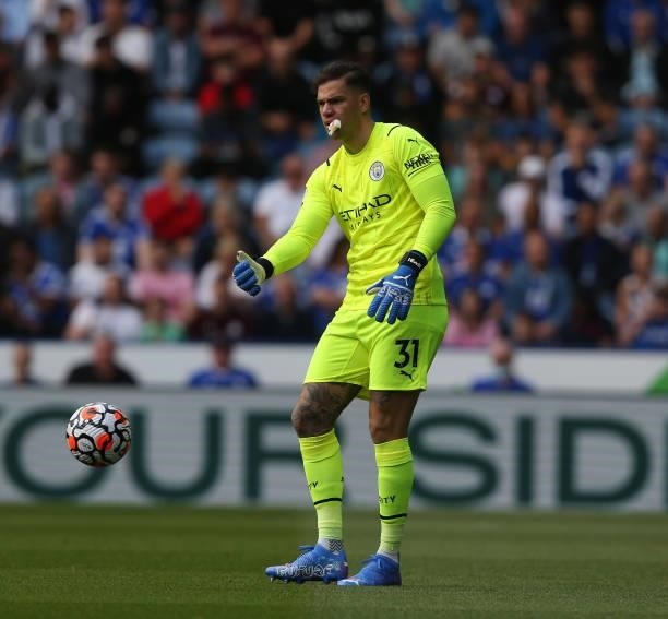 Manchester City's goalkeeper Ederson Santana de Moraes showing padding after an earlier clash during the Premier League match between Leicester City...