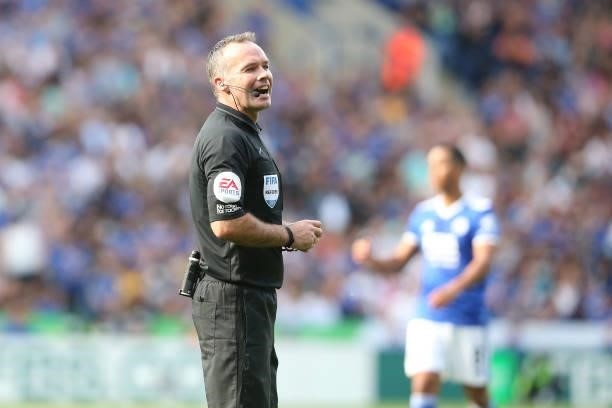 Referee Paul Tierney during the Premier League match between Leicester City and Manchester City at The King Power Stadium on September 11, 2021 in...