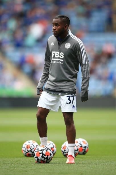 Ademola Lookman of Leicester City warms up before the Premier League match between Leicester City and Manchester City at The King Power Stadium on...