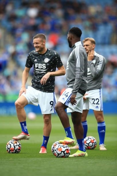 Jamie Vardy of Leicester City smiles before the Premier League match between Leicester City and Manchester City at The King Power Stadium on...