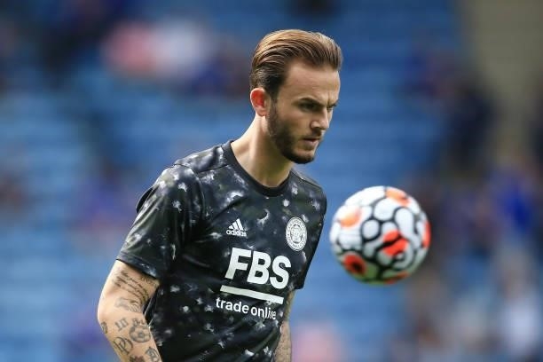 James Maddison of Leicester City warms up before the Premier League match between Leicester City and Manchester City at The King Power Stadium on...