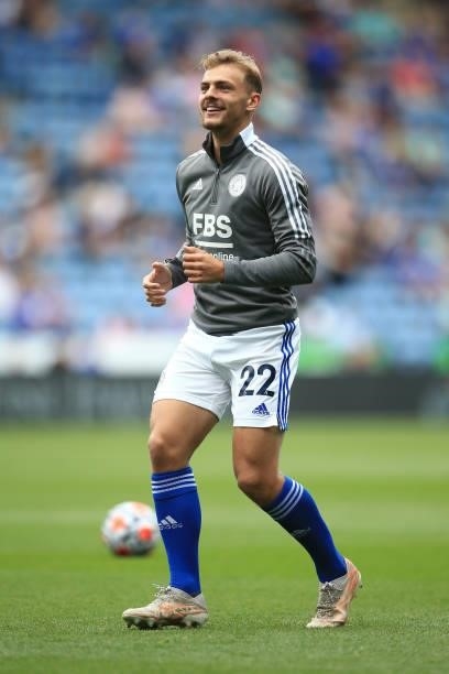 Kiernan Dewsbury-Hall of Leicester City warms up before the Premier League match between Leicester City and Manchester City at The King Power Stadium...