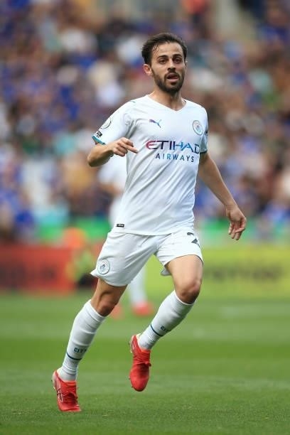Bernardo Silva of Manchester City looks on during the Premier League match between Leicester City and Manchester City at The King Power Stadium on...