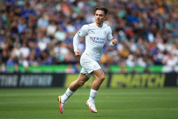 Jack Grealish of Manchester City looks on during the Premier League match between Leicester City and Manchester City at The King Power Stadium on...