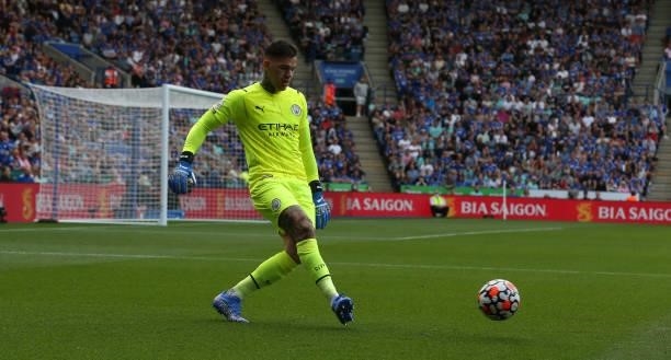 Manchester City's Ederson Santana de Moraes during the Premier League match between Leicester City and Manchester City at The King Power Stadium on...