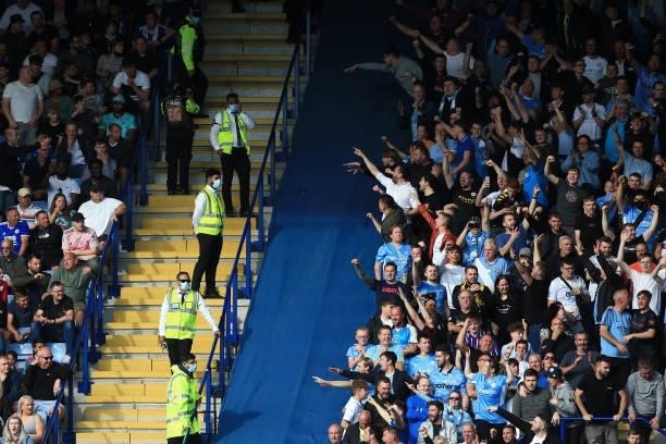 Manchester City fans taunt the home supporters during the Premier League match between Leicester City and Manchester City at The King Power Stadium...