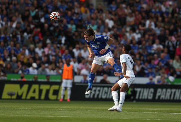 Leicester City's Caglar Soyuncu heads clear from Manchester City's Raheem Sterling during the Premier League match between Leicester City and...