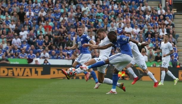 Manchester City's Ruben Dias blocks this shot from Leicester City's Ademola Lookman during the Premier League match between Leicester City and...