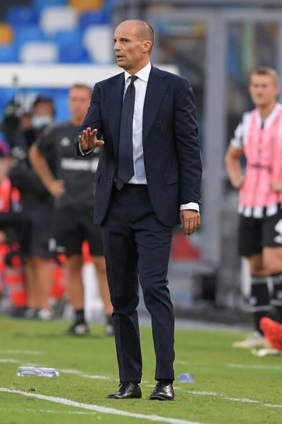 Massimiliano Allegri manager of FC Juventus gestures during the Serie A match between SSC Napoli and FC Juventus at Stadio Diego Armando Maradona,...