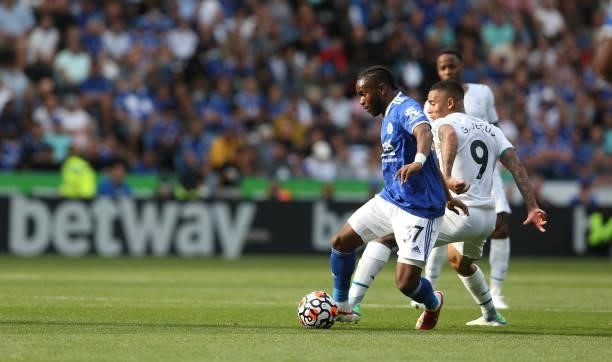 Leicester City's Ademola Lookman shields the ball from Manchester City's Gabriel Jesus during the Premier League match between Leicester City and...