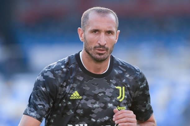 Giorgio Chiellini of FC Juventus looks on the camera during the Serie A match between SSC Napoli and FC Juventus at Stadio Diego Armando Maradona,...