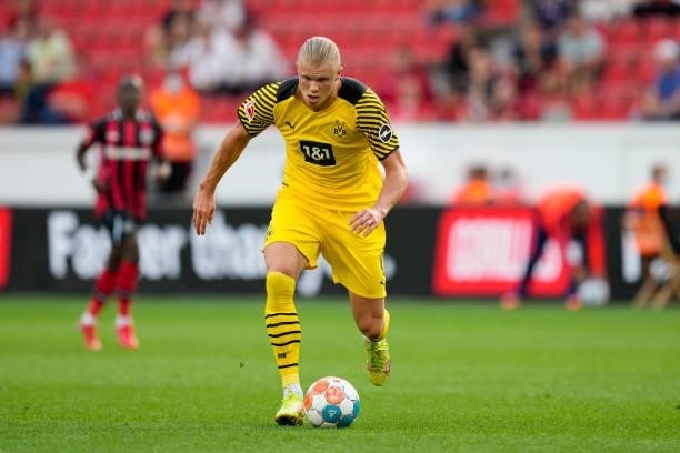 September 11: Erling Haaland of Borussia Dortmund controls the ball during the Bundesliga match between Bayer 04 Leverkusen and Borussia Dortmund at...