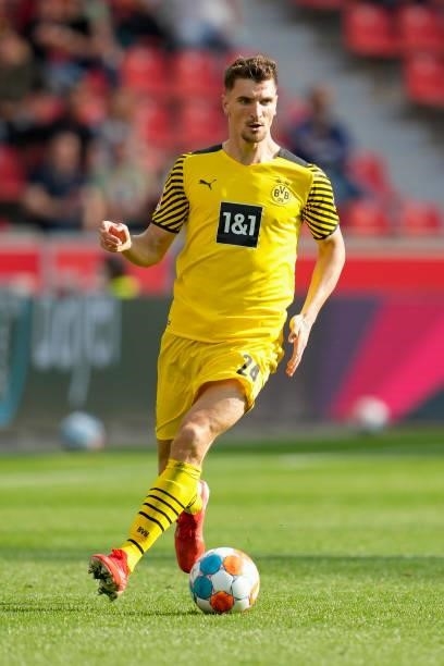 September 11: Thomas Meunier of Borussia Dortmund controls the ball during the Bundesliga match between Bayer 04 Leverkusen and Borussia Dortmund at...