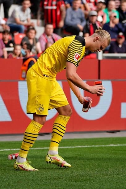 September 11: Erling Haaland of Borussia Dortmund picks up beer mug after his goal celebration for 3:4 during the Bundesliga match between Bayer 04...