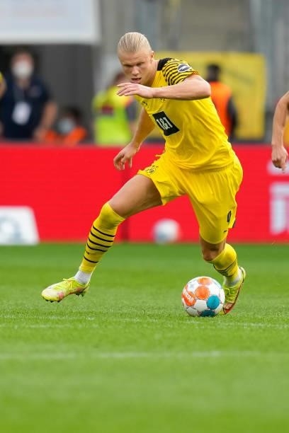 September 11: Erling Haaland of Borussia Dortmund controls the ball during the Bundesliga match between Bayer 04 Leverkusen and Borussia Dortmund at...