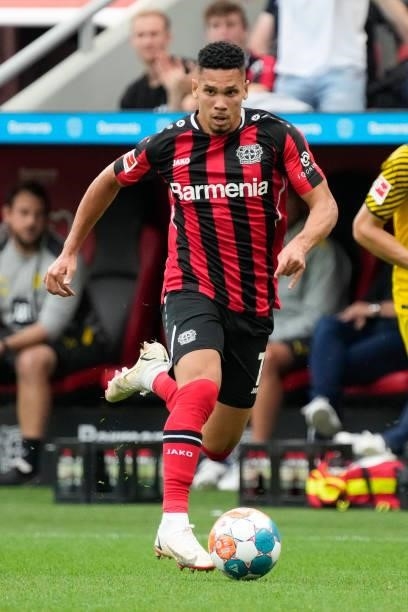 September 11: Paulinho of Bayer 04 Leverkusen controls the ball during the Bundesliga match between Bayer 04 Leverkusen and Borussia Dortmund at...