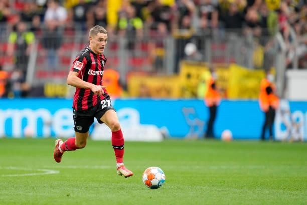 September 11: Florian Wirtz of Bayer 04 Leverkusen controls the ball during the Bundesliga match between Bayer 04 Leverkusen and Borussia Dortmund at...