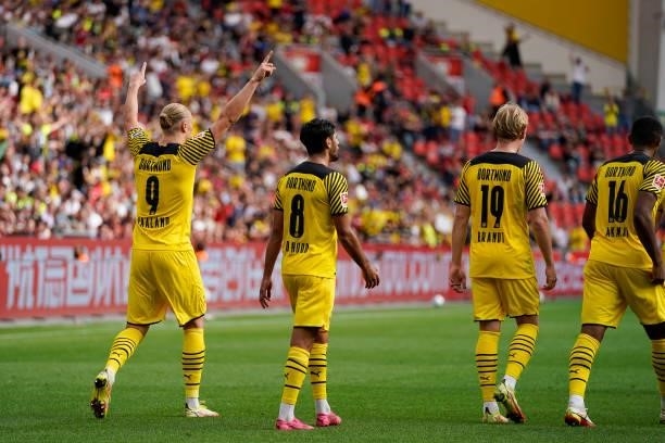 September 11: Erling Haaland of Borussia Dortmund celebrates after scoring his team's fourth goal with teammates during the Bundesliga match between...