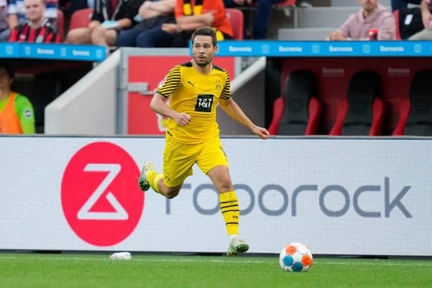 September 11: Raphael Guerreiro of Borussia Dortmund controls the ball during the Bundesliga match between Bayer 04 Leverkusen and Borussia Dortmund...
